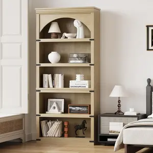 Farmhouse Wood Bookcase with Arched Top and Multi Tier Shelves, Freestanding Unit for Living Room, Bedroom, Office, or Library