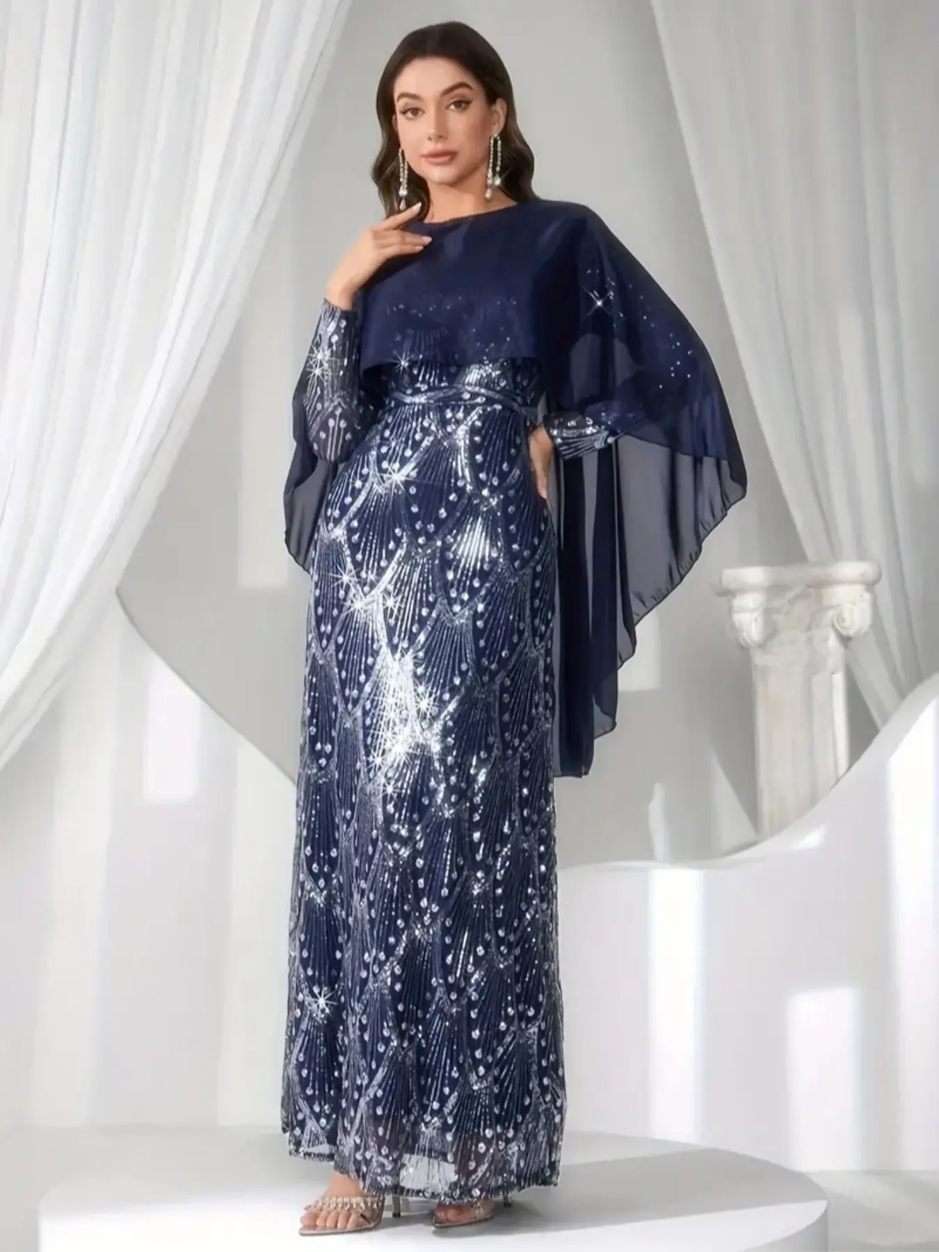 Elegant Women's Evening Dress, Luxurious Sequin Formal Party Gown, Long Sleeve Fitted A-Line, All Seasons Plain Design