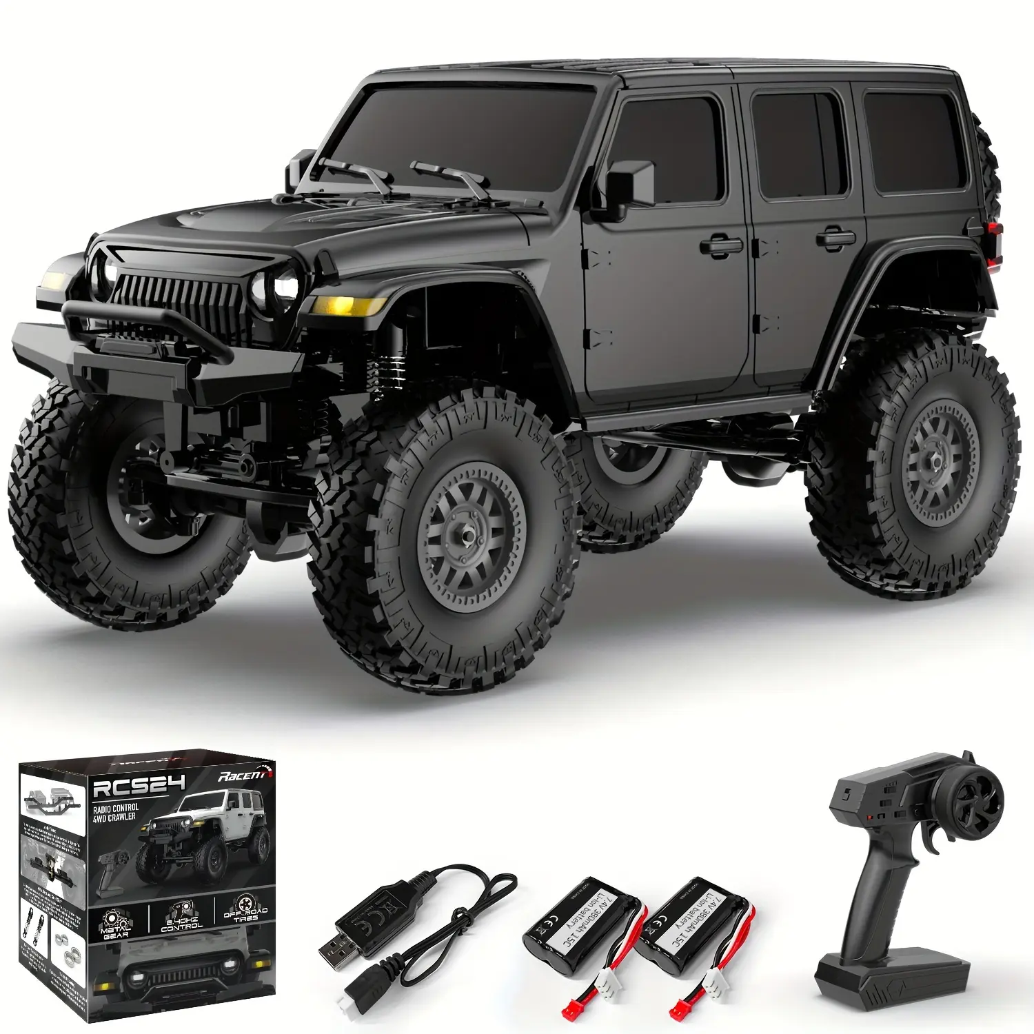 1/24 RC Crawler - Off Road 4x4 RC Rock Crawler All Terrain Remote Control Truck with led Lights & 2 Batteries, Hobby Grade Toys for Boys Adults Jeep