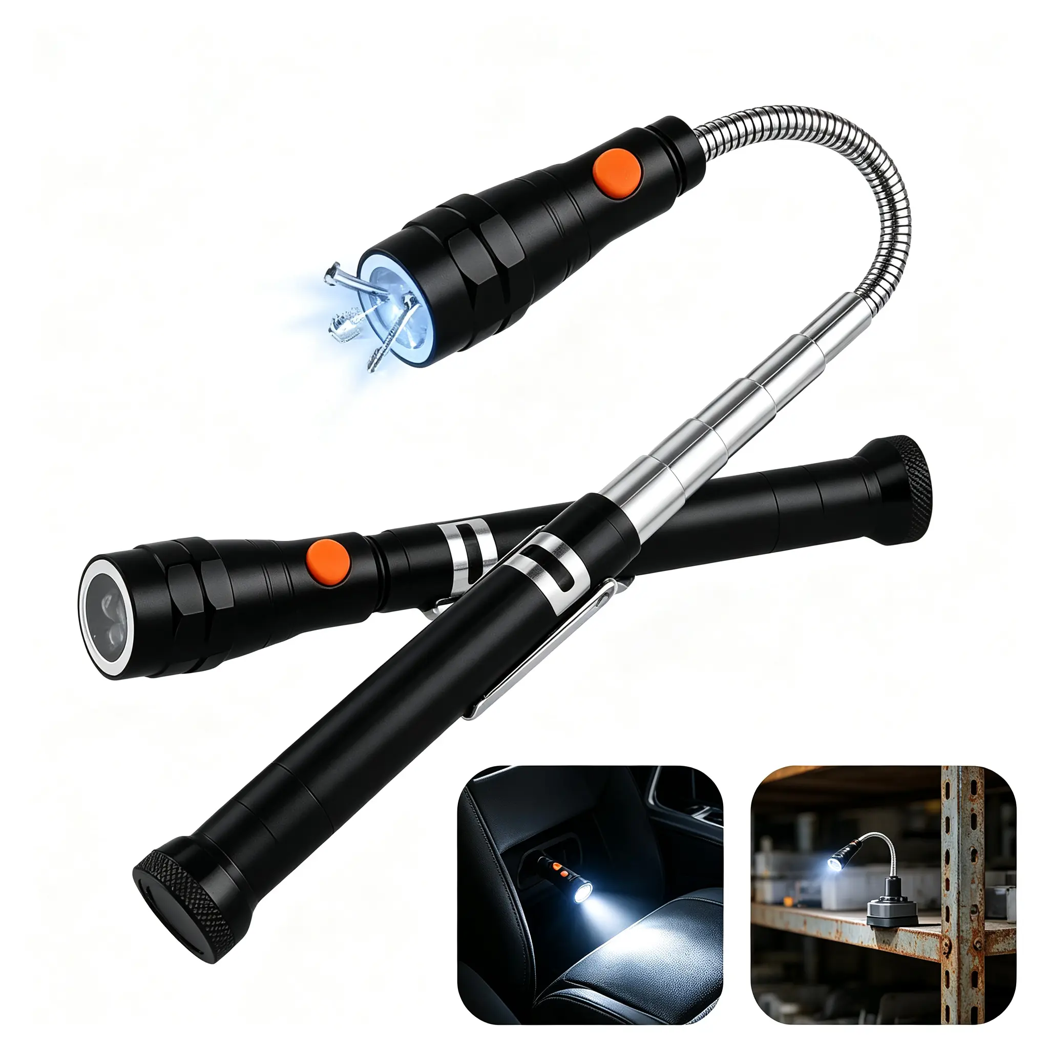 Metal Magnetic Flashlight with Extendable Telescoping Magnet Pickup Tool, Specialty Kitchen Gadget Gift for Handyman, Christmas Gift for Him, Plastic/Metal