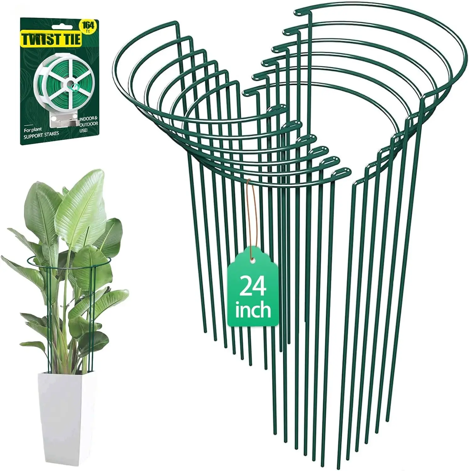 12 Pack 24 inch  Support Stakes, Half-Round Metal Garden Flower Stakes, Large Peony Support Ring and Cage for Indoor and Outdoor , Hydrangea, Tomato, Rose, Monstera with  Ties
