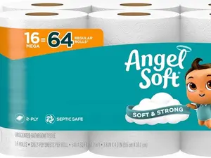 Soft Toilet Paper, 16 Mega Rolls = 64 Regular Rolls, Soft and Strong Toilet Tissue