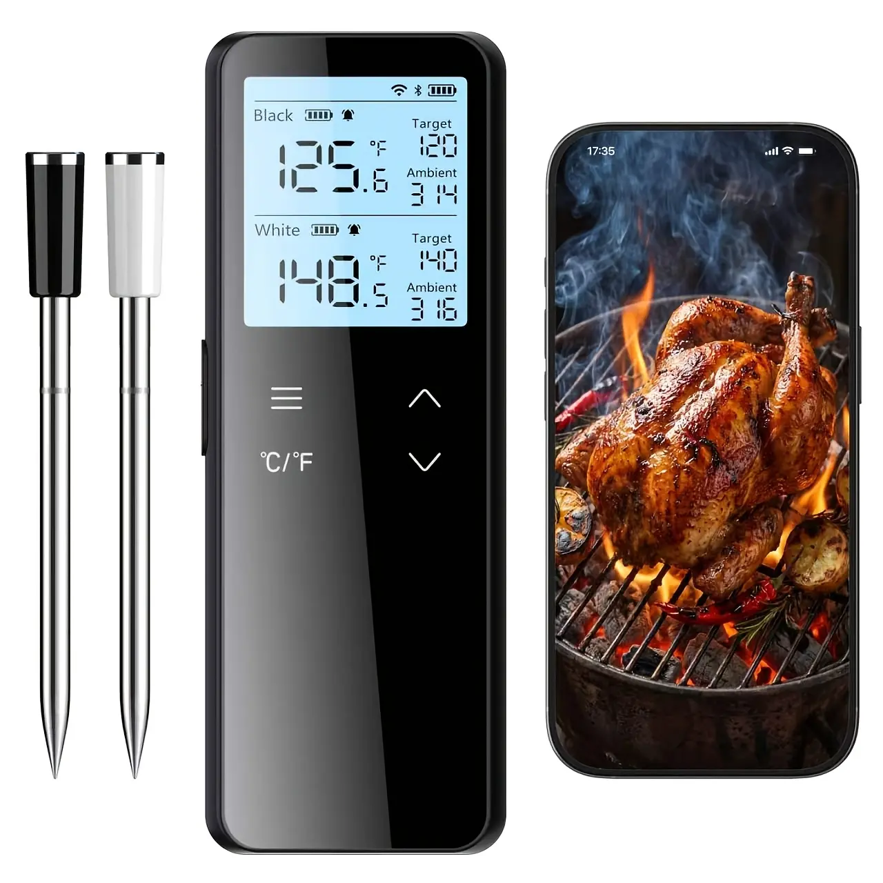 BFOUR 1/2 Probes Wi-Fi Bluetooth Meat Thermometer, BF-80 IP67 Waterproof, Separate Smart LCD Base, APP Remote Control. For BBQ, Grill, Oven, Smoker, Steak, Turkey. Outdoor Cooking, Perfect Gift For Dad & Men