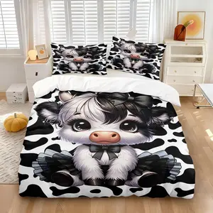 3 Pieces Black & White Cow Print Bedding Set, HD All Season Printing, Soft Comfortable 1 Duvet Cover + 1/2 Pillowcases Without Filler, Durable Washable Decor for Girls Bedroom & Dormitory