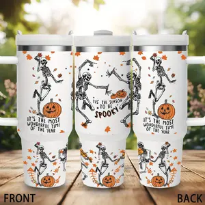 1 Pc 40oz insulated mug with handle, Halloween dancing skull design, keep warm 12 hours, keep cold 24 hours, portable travel tumbler for car home office gym, perfect Halloween holiday gift for family friends men women, Funny Dad Tumbler