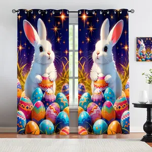 Starry Easter Bunny Curtains, Window Curtain, Glowing Night Sky Design, Colorful Egg Print, Ideal for Holiday Decoration & Kid’s Room Ambiance