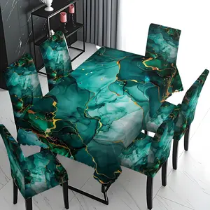 5/7 Pcs Green Gold Marble Print Tablecloth & Chair Cover Set, Modern Luxury Aesthetic Style, Stretch Removable Washable Dining Chair Slipcover, For Family Daily Dining, Holiday Gathering, Party Decor