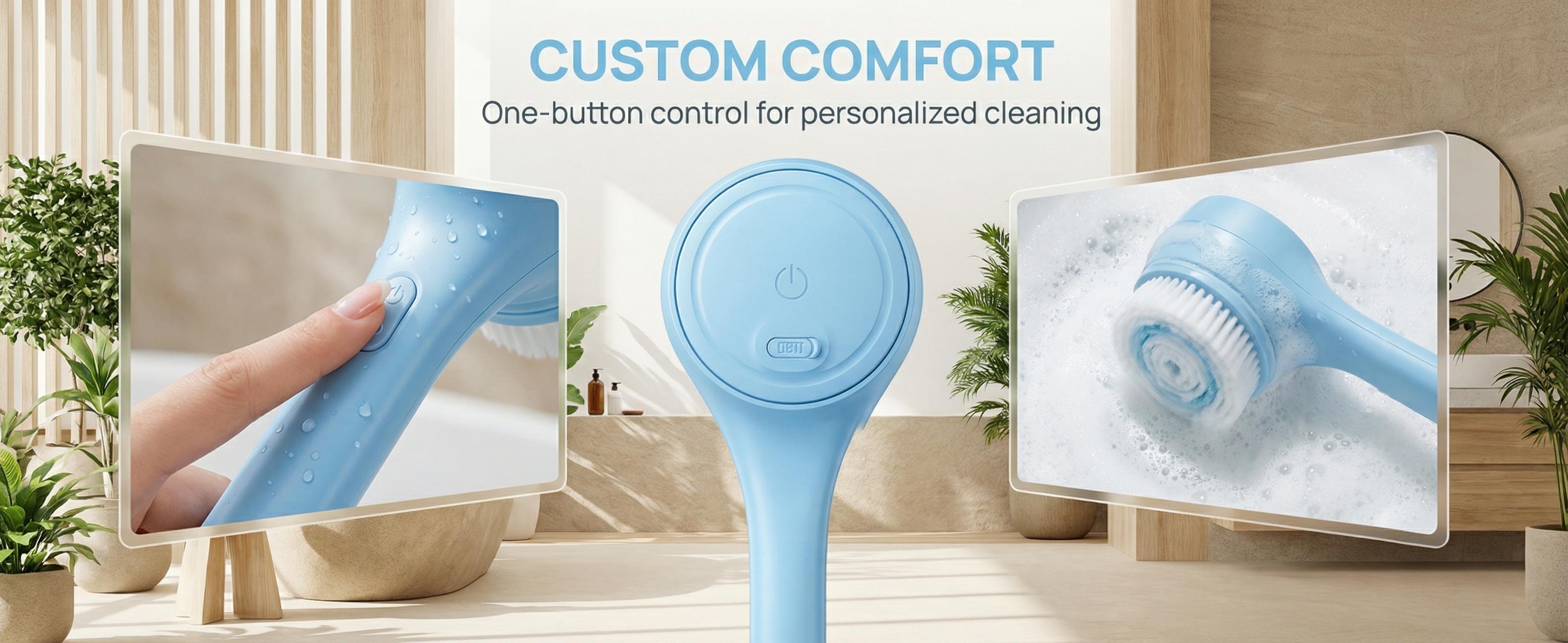 Rechargeable Electric Body Scrubber, Waterproof 360° Rotating Shower Brush with Dual Grip Handles, Full Body Bath Brush with 4 Detachable Heads for Deep Cleansing