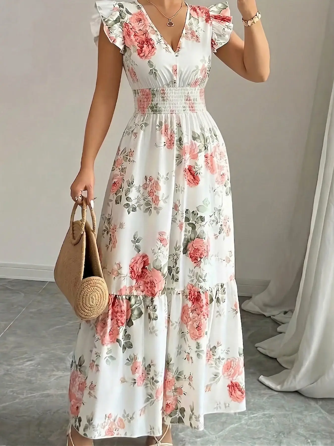Summer Elegant Women's Short Sleeve Long Floral Print Dress, Stylish Casual  Wear, Perfect for Parties and Daily - TikTok Shop