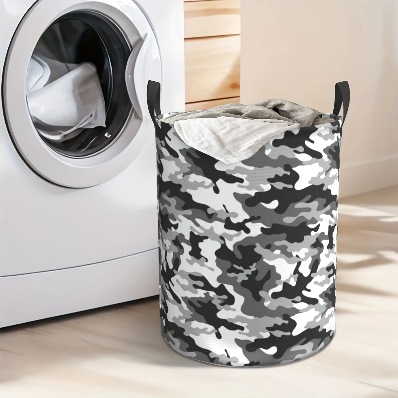Foldable Camouflage Laundry Basket - Sturdy Oxford Cloth Storage Basket with Durable Handles, Black/white/grey Round Clothing and Toys Organizer Basket, Suitable for Use in Bedrooms, Bathrooms and Multiple Rooms, Stylish Laundry Bin