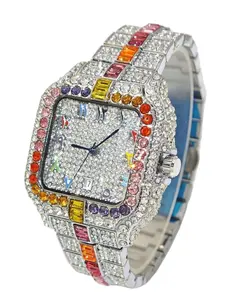 Men's Hip-Hop Style Square Dial Watch with Full Diamond Rainbow Gradient, Colorful Arabic Numerals, Trendy Personalized Quartz Wristwatch