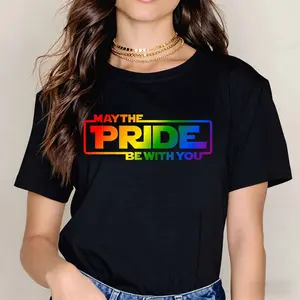 May The Pride Be With You Rainbow Print T Shirt Black Crew Neck Short Sleeve Casual Wear For Everyday And Sports Activities