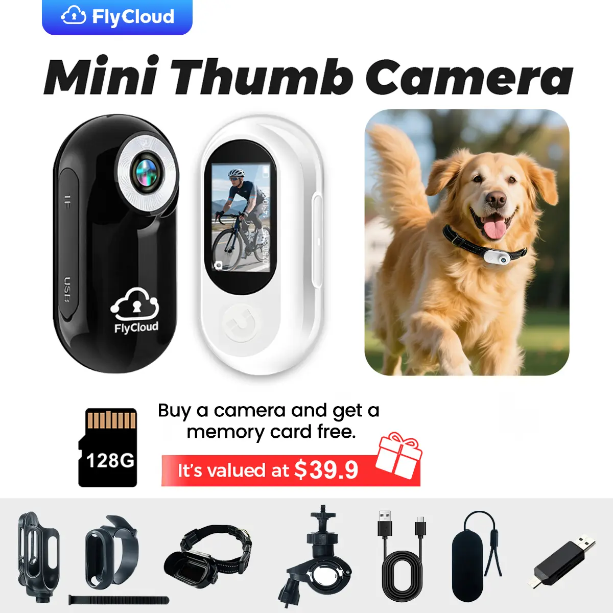 Flycloud A100 Mini Thumb Cam Complete Kit - 128GB Micro SD Card, HD 1080P Vlog Camera, Long Battery Life for Outdoor Sports, Daily Recording