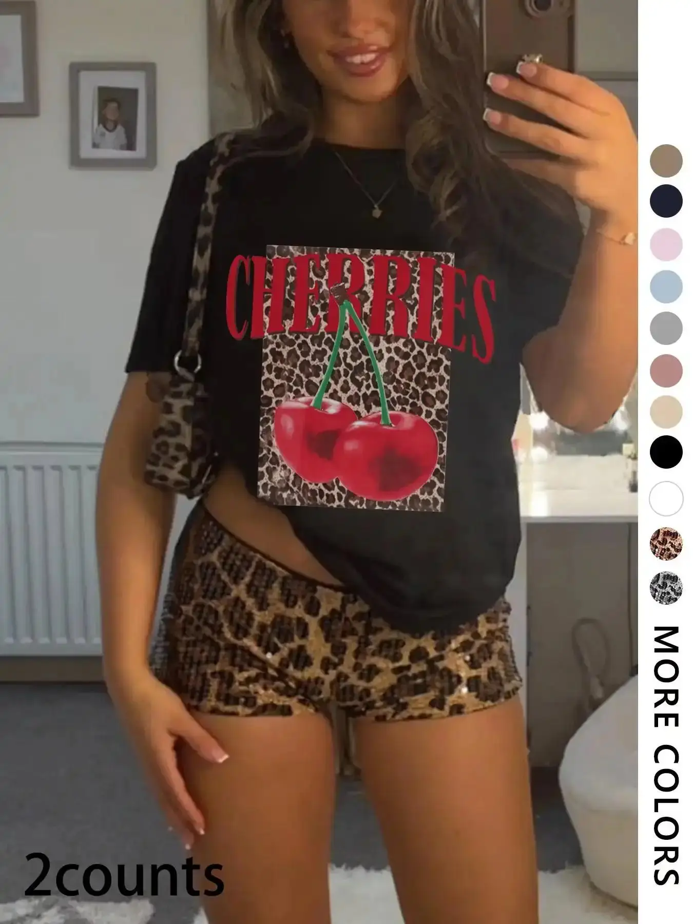 Vintage Leopard Print Cherries Graphic Y2K Women's Casual Short Sleeve T-Shirt