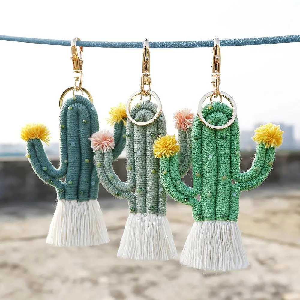 Handmade Cotton Thread Cactus Keychain - 2.5*15cm (3 to 3.9 in) Alloy Bohemian Backpack Pendant, Car Hanging Tassel Key Ring Holder, No Warning Applicable Fashion Costume Jewelry Accessory, Green Plant Cactus