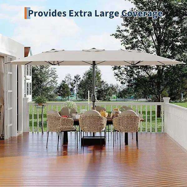 Gaomon 15ft x 9ft Rectangular Outdoor Patio Umbrella, 12-Rib Sturdy, Windproof, UV-Resistant, Waterproof, Corrosion-Resistant Double-Sided Market Umbrella with Cross Base, Crank Lift & Tilt, Sun Protection for 2-8 People, Outdoor Dining, Backyard, Stable