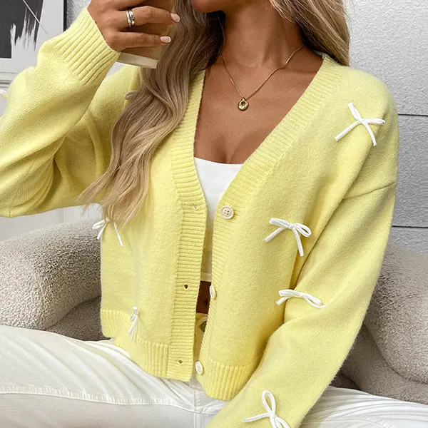 Women French Bow Ribbon Cropped Cardigan V-Neck Slim Fit Soft Knit Top Sweet Balletcore Coquette Spring Fall Layering Casual Date Brunch Office Chic Street Style Trendy Daily Wear Elegant New Outfit pink Women's Long Sleeve Sweater fashion clothing