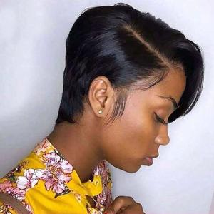 Lucile 13x4x1 T part Pixie Cut Straight Wave Wig Side part Pixie Cut Wig Human Hair Wigs Short Bob Wig Brazilian Human Hair Wigs With Baby Hair For Women 6Inch 1B# Wavy