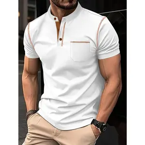 [Breathable Preppy Polo] Breathable Preppy Polo Shirt - Men's Short Sleeve Stand Collar Regular Fit 100% Polyester Knit Fabric, Solid Color, Casual Sports Streetwear for Spring/Fall & Summer