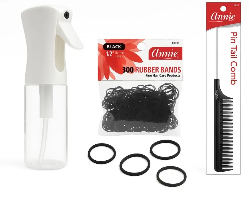 Sosun Beauty Hair Styling Tool Kit for Adults - 3-Piece Haircare Set with 5oz Controlled Mist Sprayer, Pin Tail Comb for Precise Sectioning, and 300 Rubber Bands