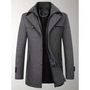 Men’s Wool Blend Double-Breasted Pea Coat Casual Thermal Trench Coat with Removable Lapel Thickened Winter Warm Overcoat