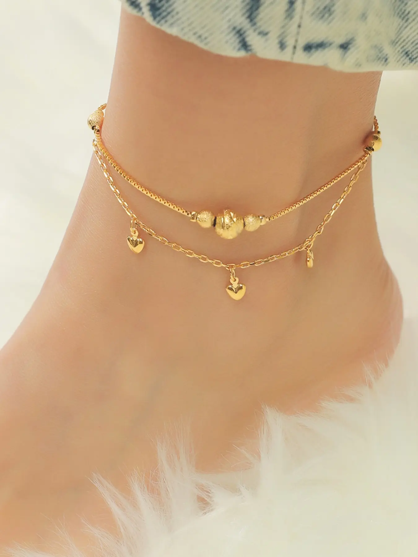 Exquisite heart-shaped tassel double ankle chain with lucky bead, 24K copper plated gold women's jewelry, suitable for girlfriends to wear, gift for friends, daily gift, perfect for weddings, beach vacations, Dainty Layered Anklet, Ankle bracelets