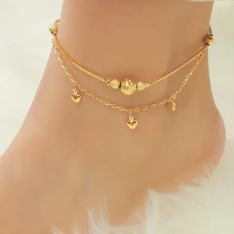 Exquisite heart-shaped tassel double ankle chain with lucky bead, 24K copper plated gold women's jewelry, suitable for girlfriends to wear, gift for friends, daily gift, perfect for weddings, beach vacations, Dainty Layered Anklet, Ankle bracelets