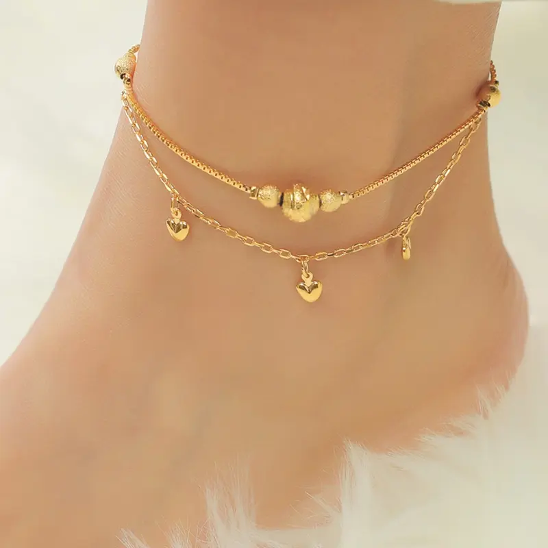 Exquisite heart-shaped tassel double ankle chain with lucky bead, 24K copper plated gold women's jewelry, suitable for girlfriends to wear, gift for friends, daily gift, perfect for weddings, beach vacations, Dainty Layered Anklet, Ankle bracelets