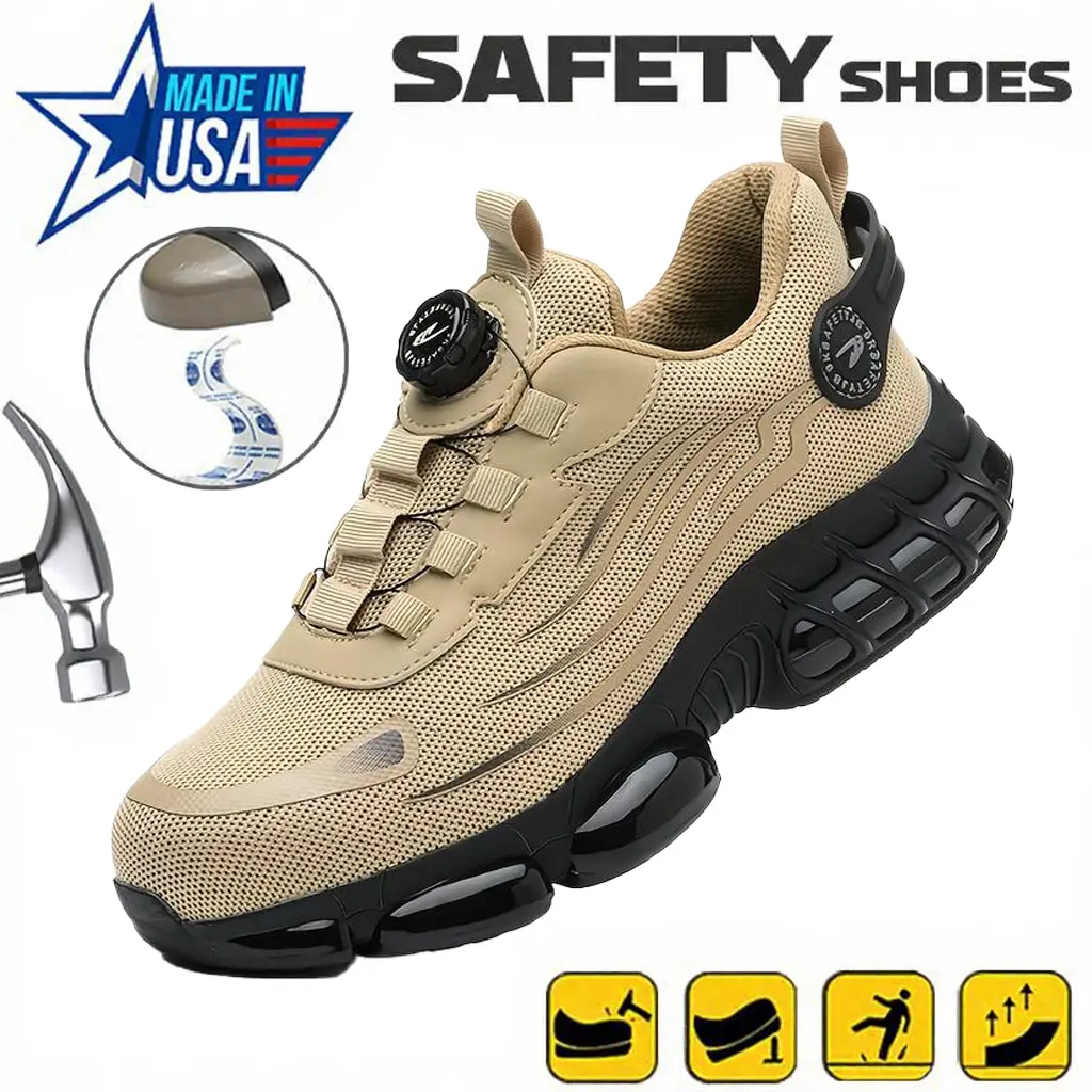 Men's Casual Work Steel Toe Sneakers - Chic, Round Toe, Striped Breathable Mesh Fabric, Cloth Upper, Anti-Slip EVA Sole, Spark Resistant, Elastic Band Safety Footwear, Slip On, Metatarsal Guard