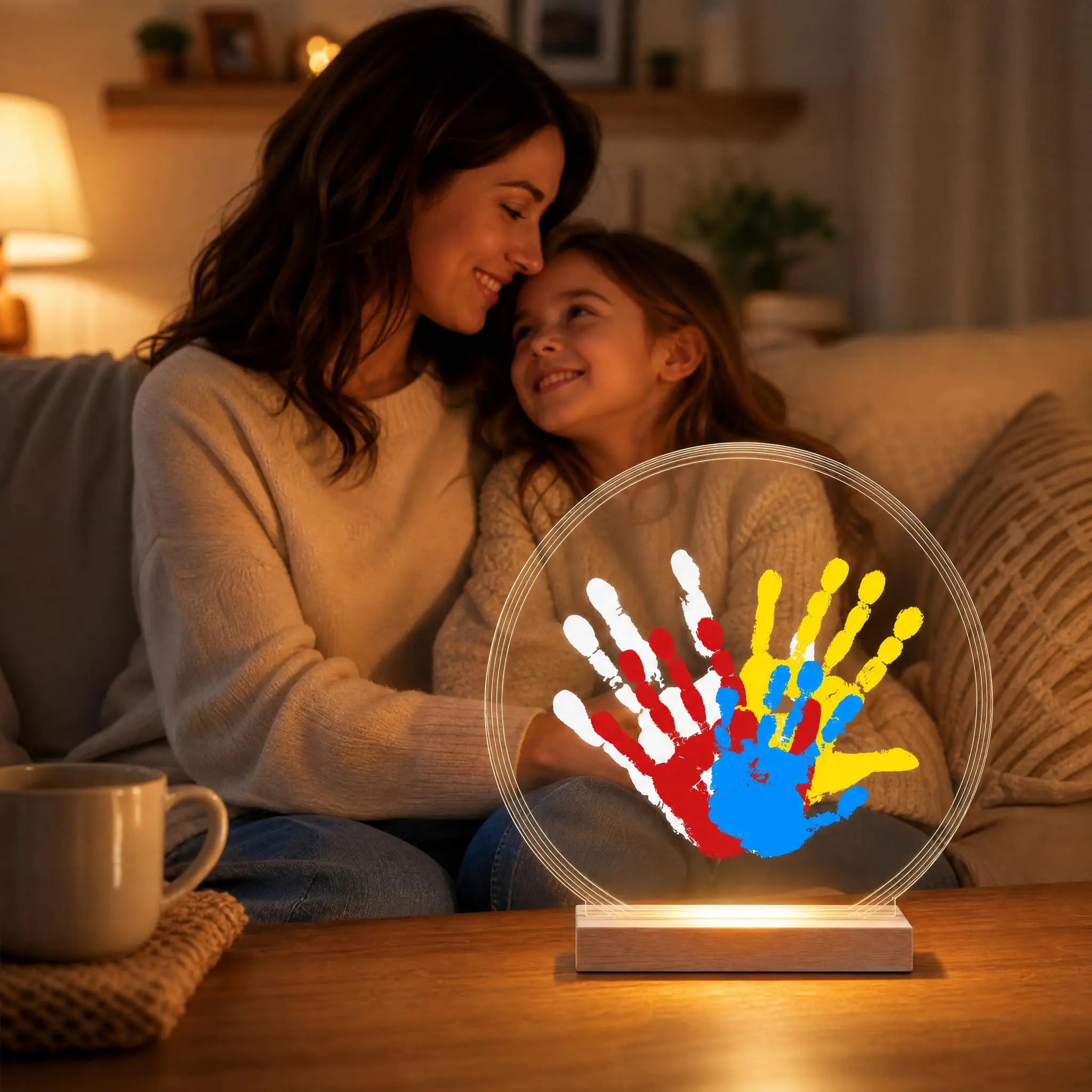 lighted Family Handprint Kit with Light, Baby Hand and Footprint Kit, DIY Craft Keepsake, Family Gifts for Mom and father, New Parents, Mother's Day, Adoption, Baby Shower Gifts for Boys & Girls (Round, Nature)