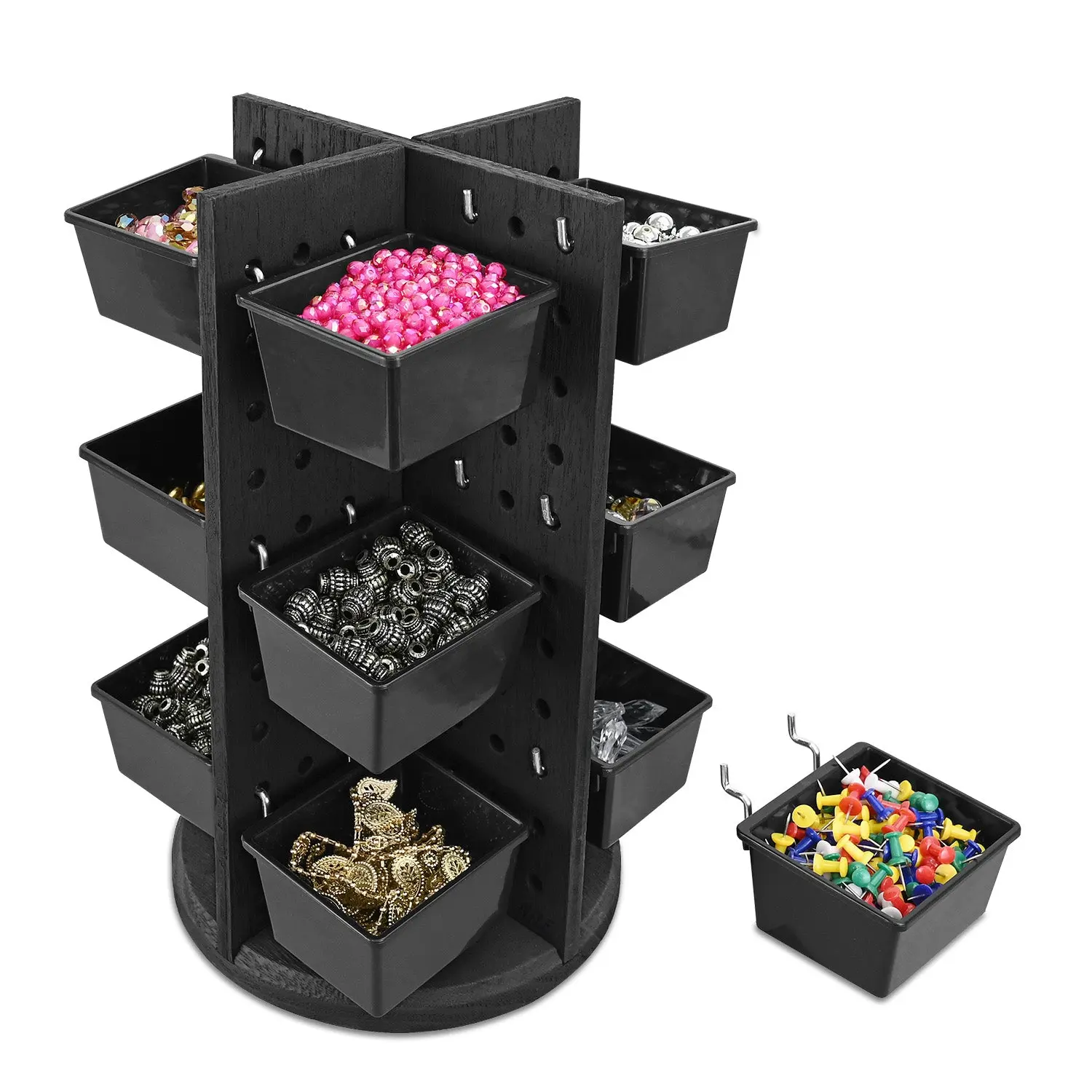 #TOOL7683BK Wooden Rotating Pegboard Display with 12 Bins, Pegboard Storage for Countertop