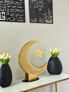 Crescent Metal Golden Moon Home Decor Stand - Islamic Ramadan Eid Decor Luxurious Table Top for Muslim Gift home deco great
