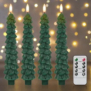Christmas Tree Flameless Taper Candles with Remote and Timer,  Operated Warm  Wick Flickering Real Wax Set of 4 Green Candles LED Window Candlesticks Holiday Decor(0.78"x9.8")