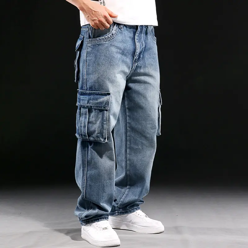 Heavyweight Workwear Multi-Pocket Jeans for Men, Plus Size, US/EU Style, Loose Fit Straight Leg