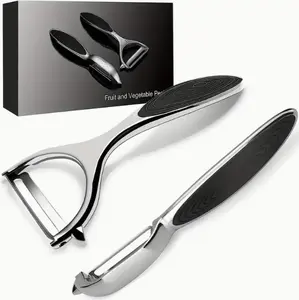 Stainless steel vegetable peeler set with straight knife and non-slip handle, 2-piece set, safe for food contact, potato and carrot peeler with built-in eye remover
