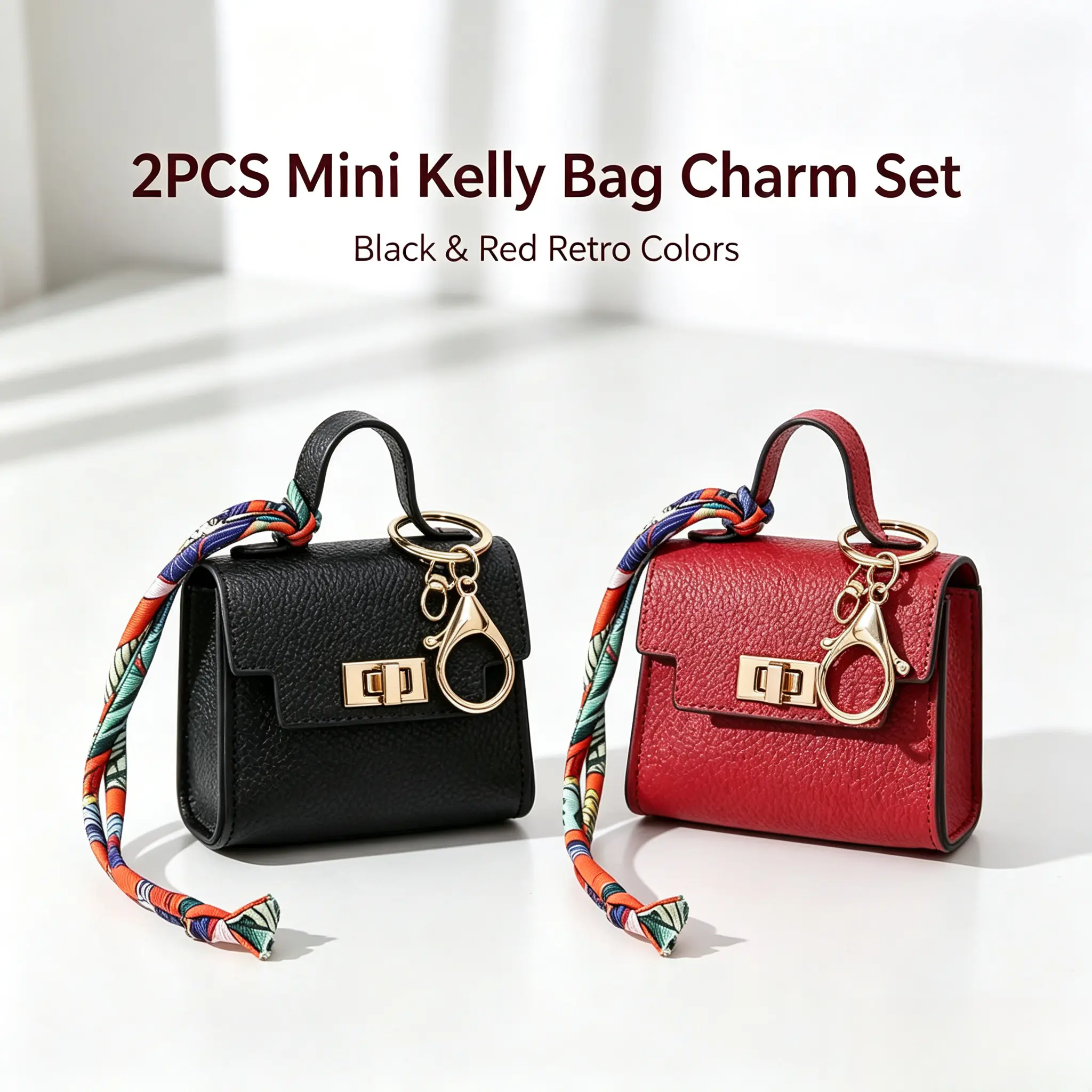 Women's 2-Piece Leather Mini Keychain Accessory - Elegant Minimalist Handbag Charm, Car Keyring with Colorful Strap, Small Purse Add-on, Lavender & Pink Pastel Kelly Bag Charms, Keychains For Women