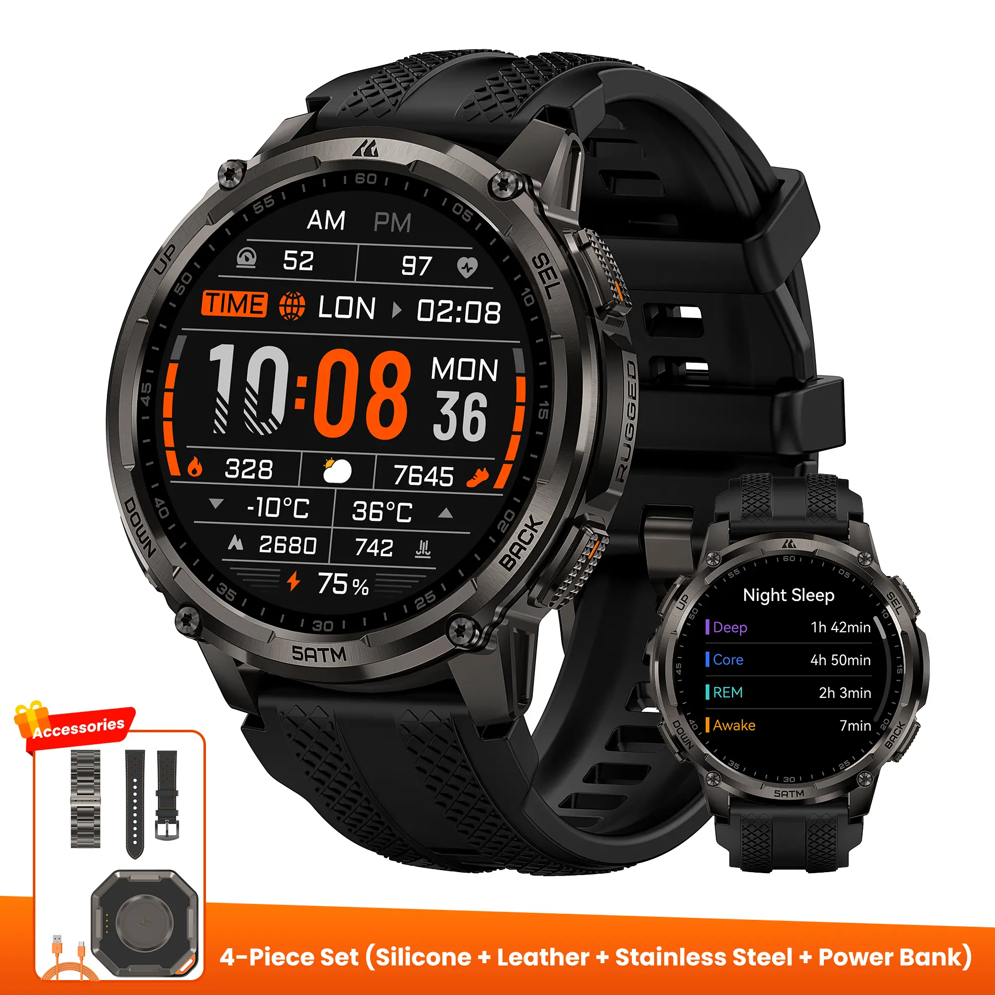 Black+Stainless Steel +Leather Strap+ Power Bank