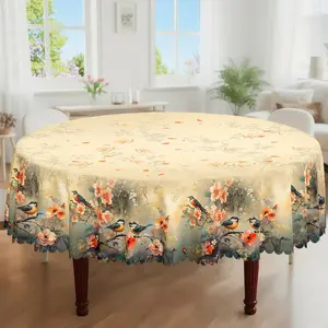 1pc, Spring Summer Themed Party Tablecloth, Vintage Bird Cherry Blossom Floral Printed Design, Rectangular/Round/Oval Table Cloth, Embossed Edges, Suitable For Picnic Dinner Kitchen Dining Room Decoration