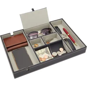 Leather Valet Catchall Tray for Men with 6 Compartments - Bedside Nightstand Organizer for Phones (Black)