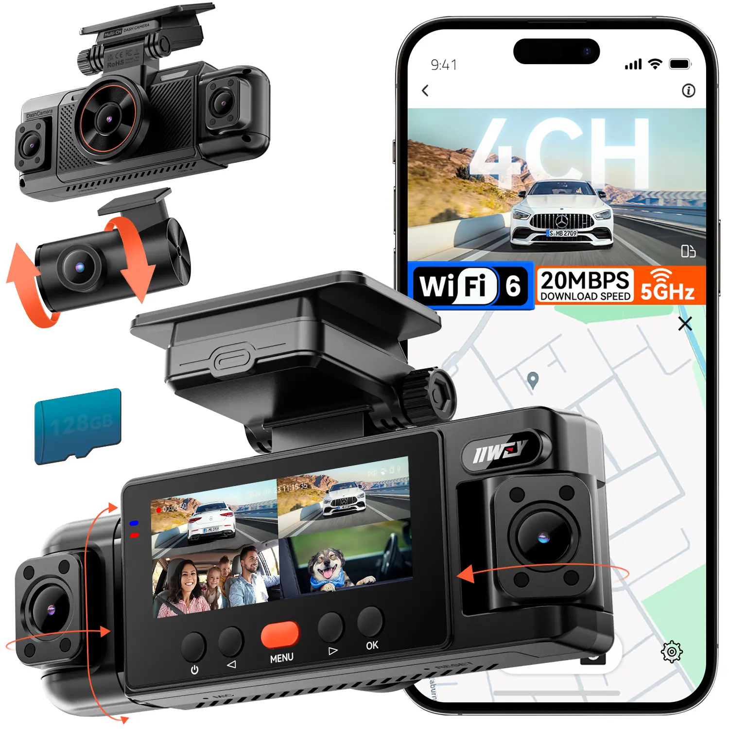 【IIWEY N6】 360° Dash Cam 4 Channel 5.8G WiFi-6 20MB/s with App 128GB Card FHD Front & Rear 8 IR Lights Night Vision GPS 24/7 Parking Mode G-Sensor for Car