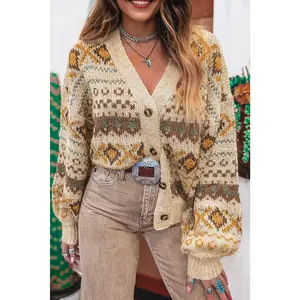 Khaki Western Pattern Knitted Button V Neck Cardigan Sweater