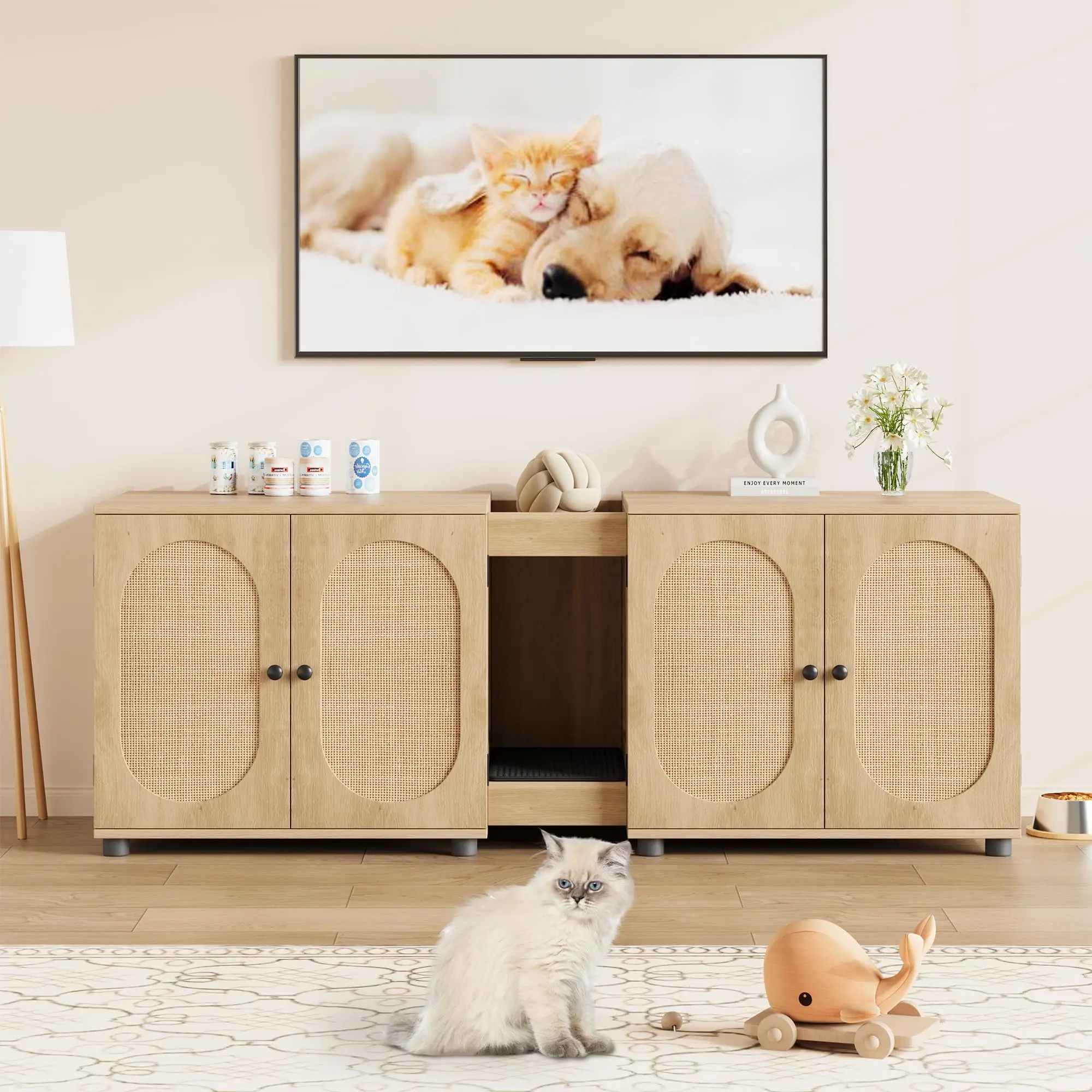 Garvee 55.1" Double Cat Litter Box Enclosure - Large Modern Wooden Furniture for 2 Cats with Hidden Litter Boxes, Rattan Door, Front Entry, Self-Cleaning Feature, Multi-Functional as Cat House, Side Table, or TV Stand