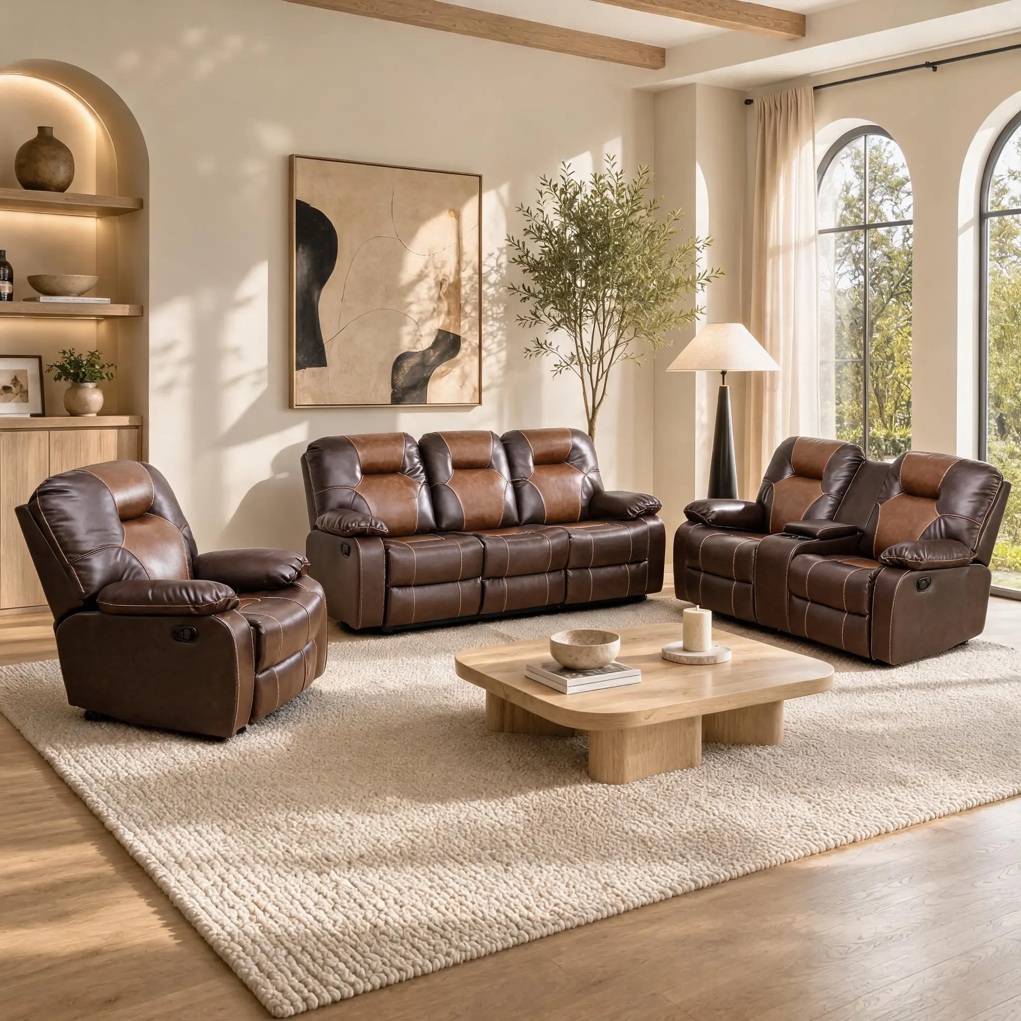 Lifestyle Brown Bonded Leather 3-Piece Couch Living Room Sofa Set