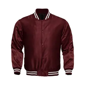 Deckra Women's Original Satin Polyester Varsity Jacket - Button-Front, Stylish Maroon Outerwear for Women's Casual Tops & Clothes