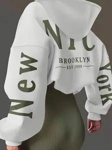 Women's Fashion Loose-Fit Hooded Sweatshirt, Knit, Casual Letter Print Pullover Long Sleeve for Fall & Winter, Thick Kint Fabric, Versatile Daily Wear