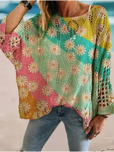 Spring and summer crew neck diamond hollow-out batwing sleeve knitted blouse, loose drop shoulder, figure flattering with floral print, bikini outerwear suitable for commuting and vacation.