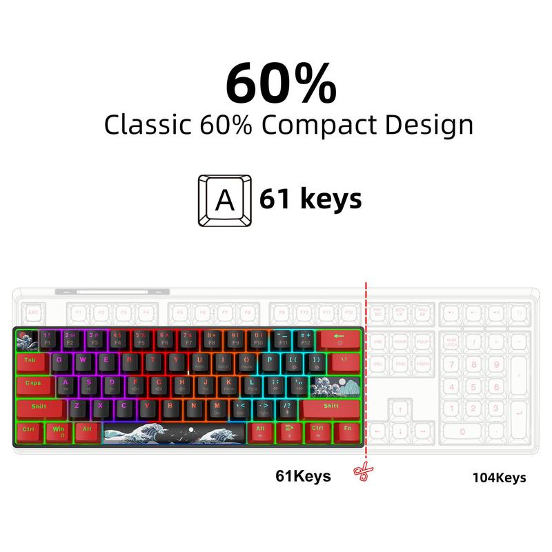 HXSJ 61-Keys Mechanical Gaming Keyboard, USB Powered Mini Keyboard, RGB Backlit Keyboard with Blue Switch, Tactile Feedback Keyboard, Computer Accessories