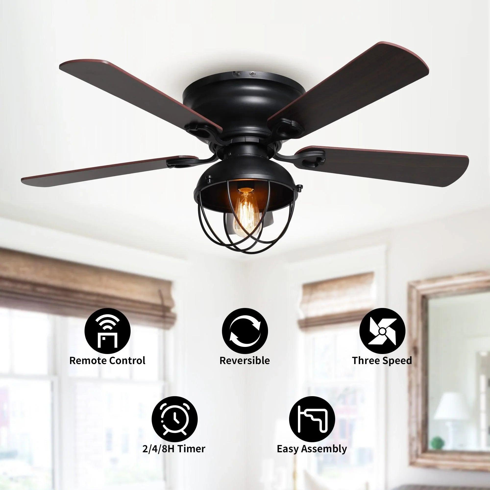42" Traditional Flush Mount Ceiling Fan with LED Light & Remote Control | Reversible Quiet Motor