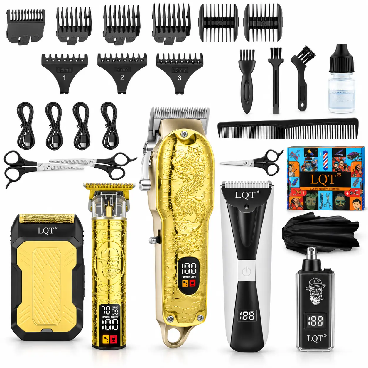 LQT Gold Dragon 5-in-1 Professional Barber Equipment for Men, Adjustable Cordless Hair Clippers, 2 T-Blade Trimmers, Smooth Foil Shaver, Nose Trimmer, Rechargeable Grooming Set with LED Display