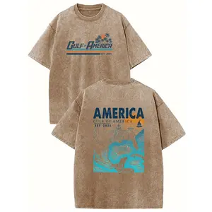 Holafish Acid Washed Shirt Gulf of America Print Casual Graphic Tee Half Short Sleeves Crew Neck Summer Comfortable Cotton Top for Women - Fit Classic Letter Print T-shirt Everyday Fashion Style Womenswear Streetwear Tshirt